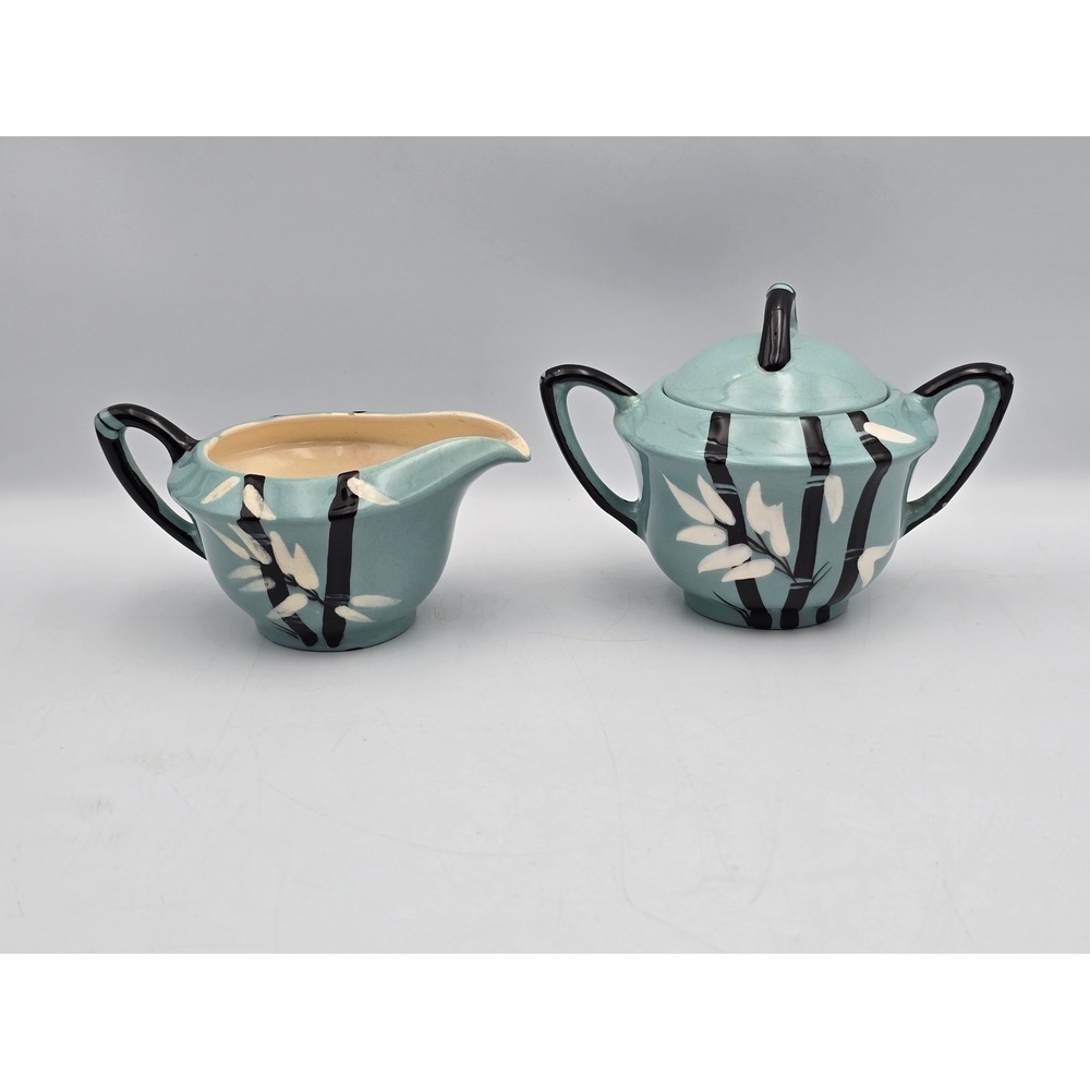Weil Ware Bamboo Creamer Sugar Bowl Set Blue Turquoise MCM‎ Fair Crazing